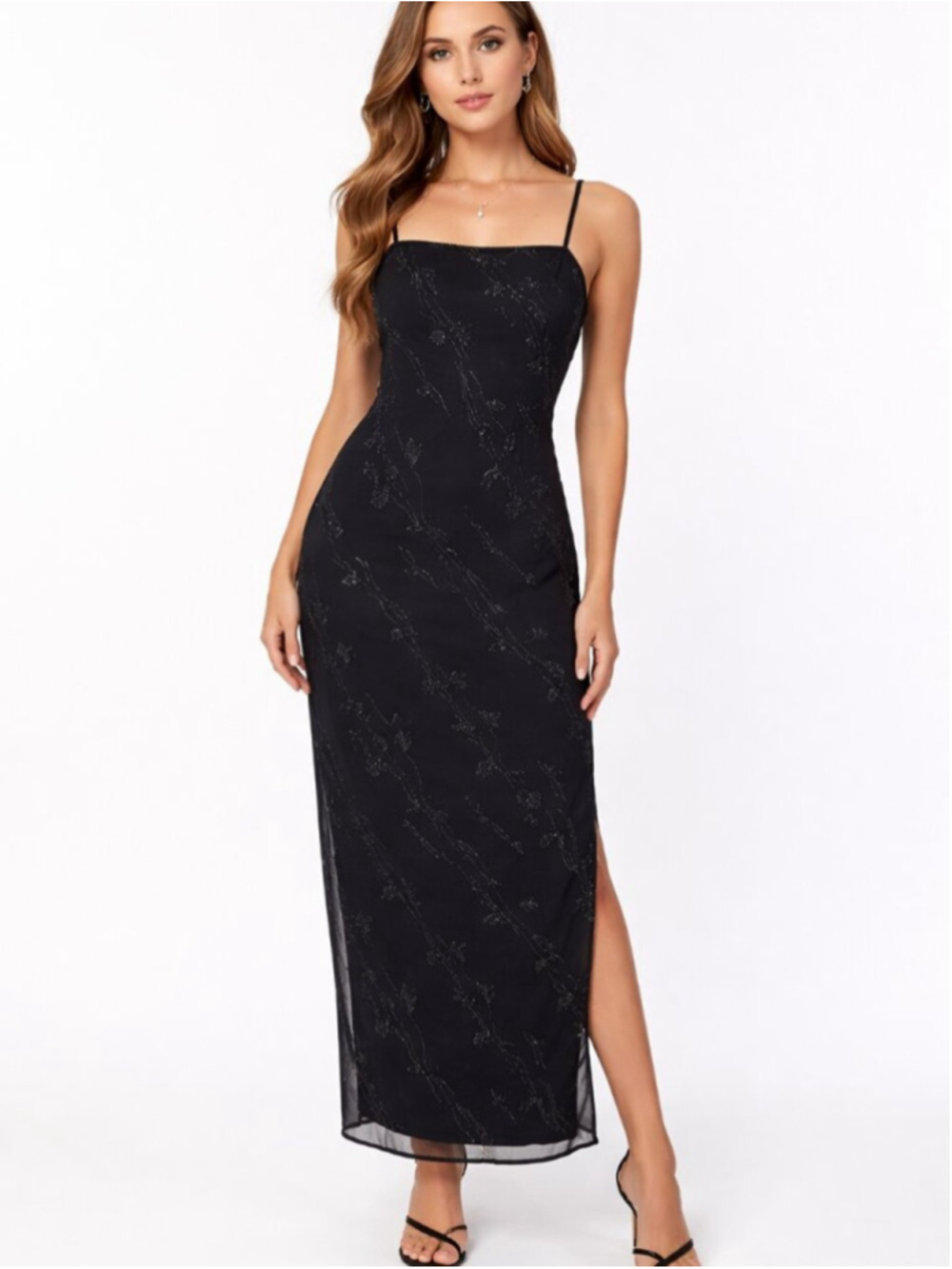 RAMPAGE Vintage Maxi Slip Dress Black Silver Medium 90s Y2K Overlay Bodycon